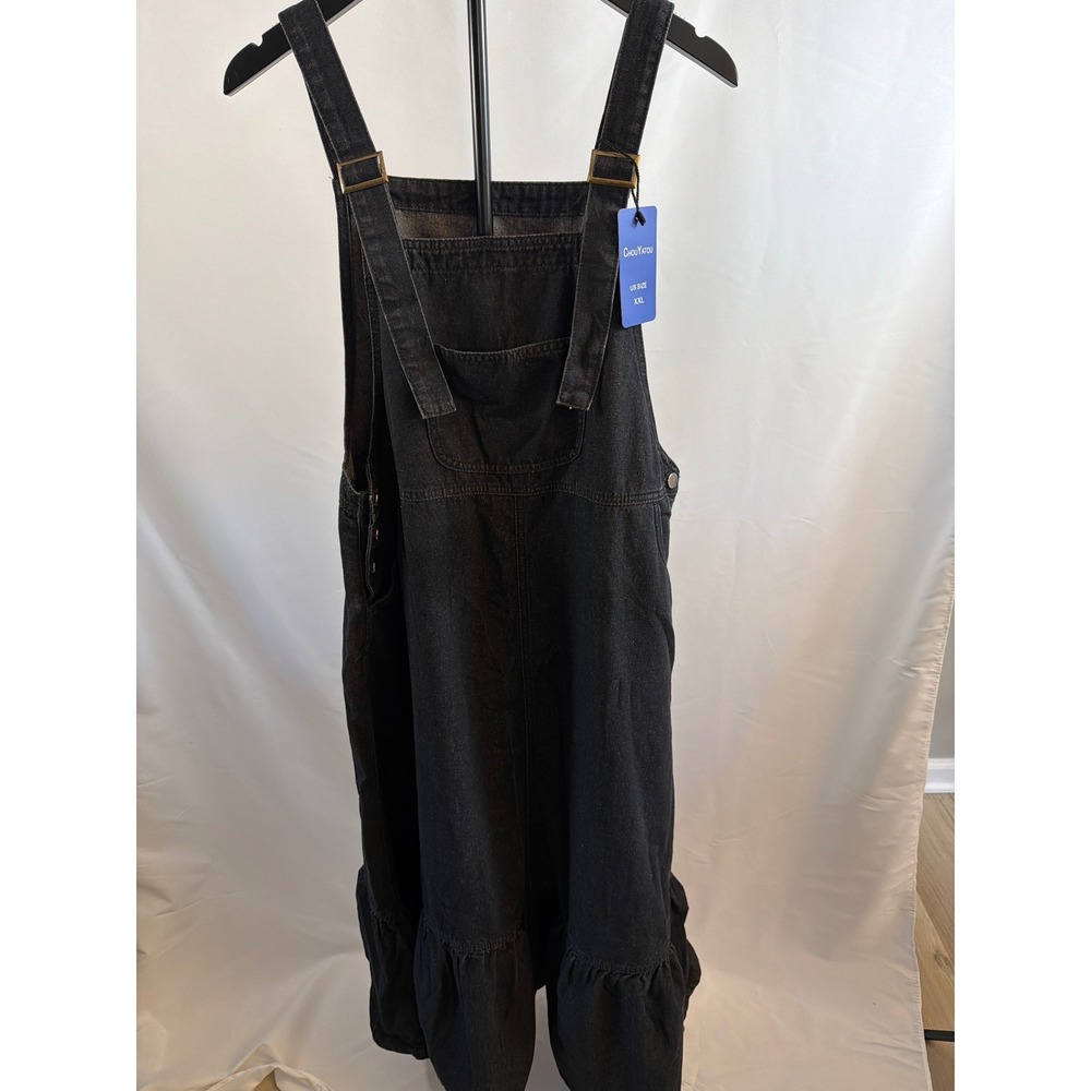 Chouyatou Black Denim Overall Dress Ruffle Hem Pinafore XXL NWT